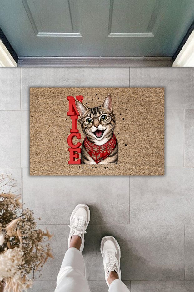 Funny Cat Doormat with Glasses – Fun Door Mat with the Text Nice to Meet You 70X45Cm