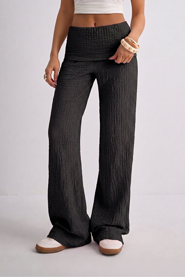 Bubble Fabric High Waist Folded Belted Comfortable Women's Wide Leg Sweatpants