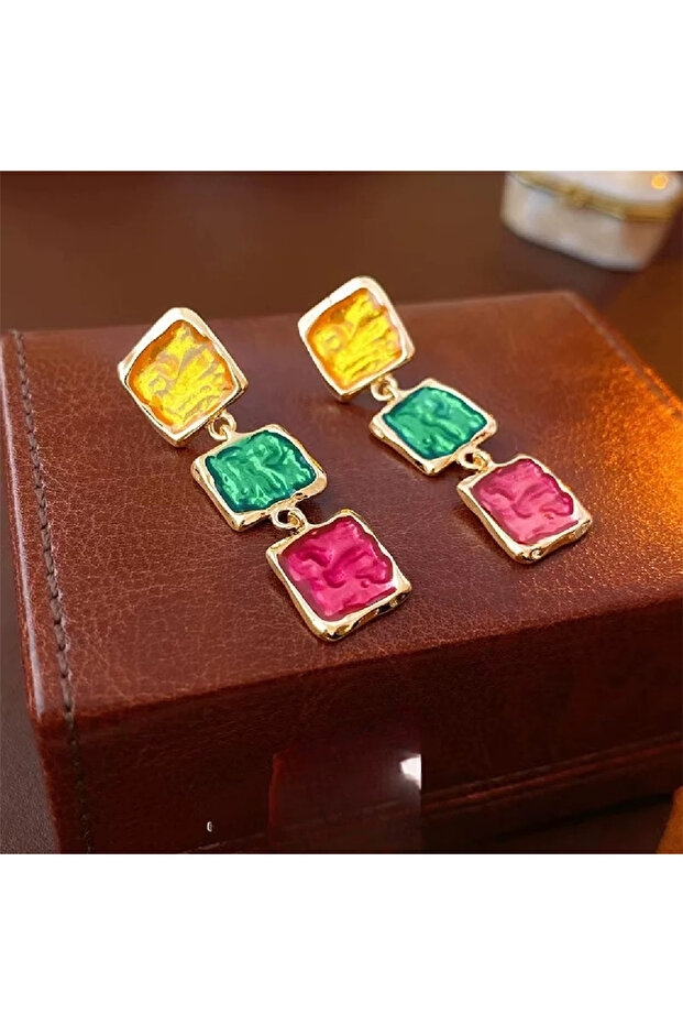 Yellow, Green and Pink Square Stone Pendant Earrings