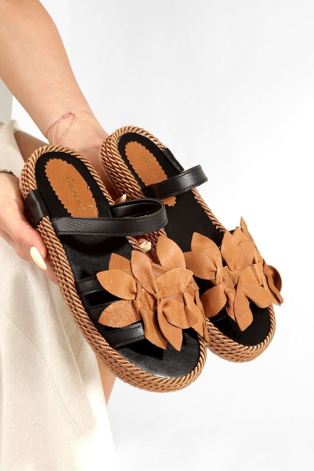 Women's Leather Floral Detailed Side Rope Wrapped Ready-To-Wear Sandals