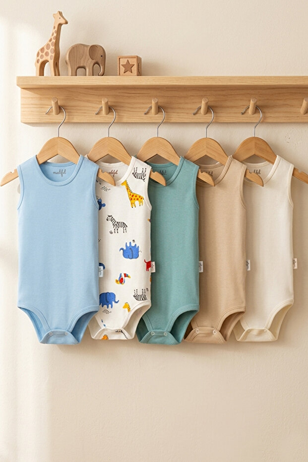 100% Organic Cotton Snap Fastener Sleeveless Baby Bodysuit 5-Pack