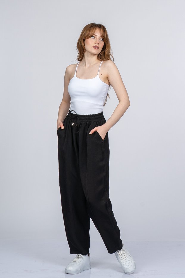 Women's Summer Black Orielle Elastic Waist Ankle Length Trousers Stylish Daily Comfortable 30388