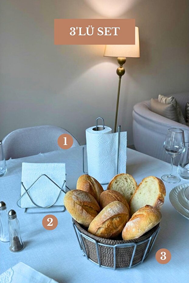 Set of 3 Matte Silver Triangle Napkin Holder, Upright Paper Towel Holder, Oval Corner Bread Basket with Divider, Beige Kitchen Set