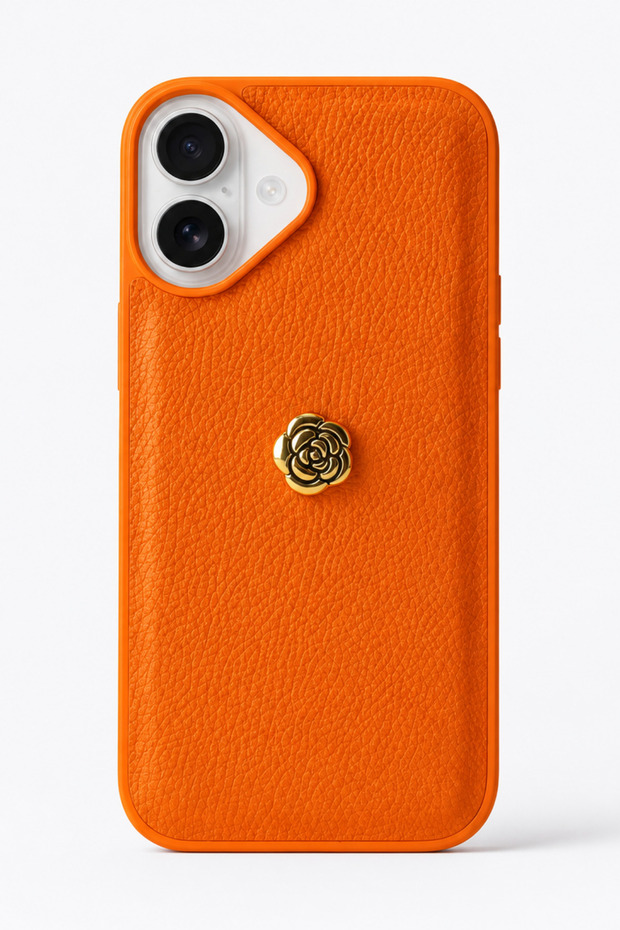 iPhone 17 Compatible Leather Textured Phone Case with Gold Rose Detail