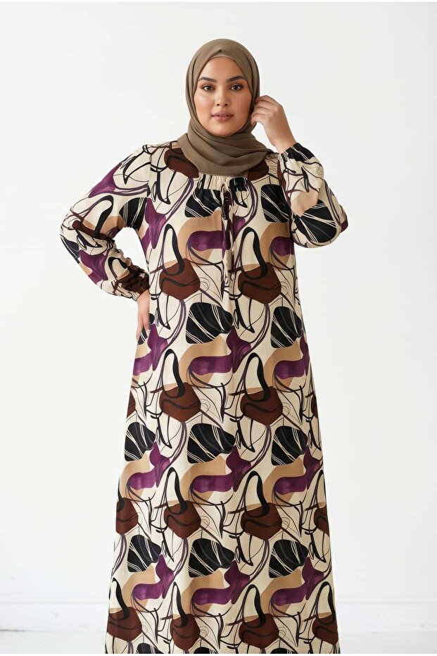 Plus Size Retro Patterned Viscose Hijab Dress - Purple & Brown - Comfortable Fit, Spring Season