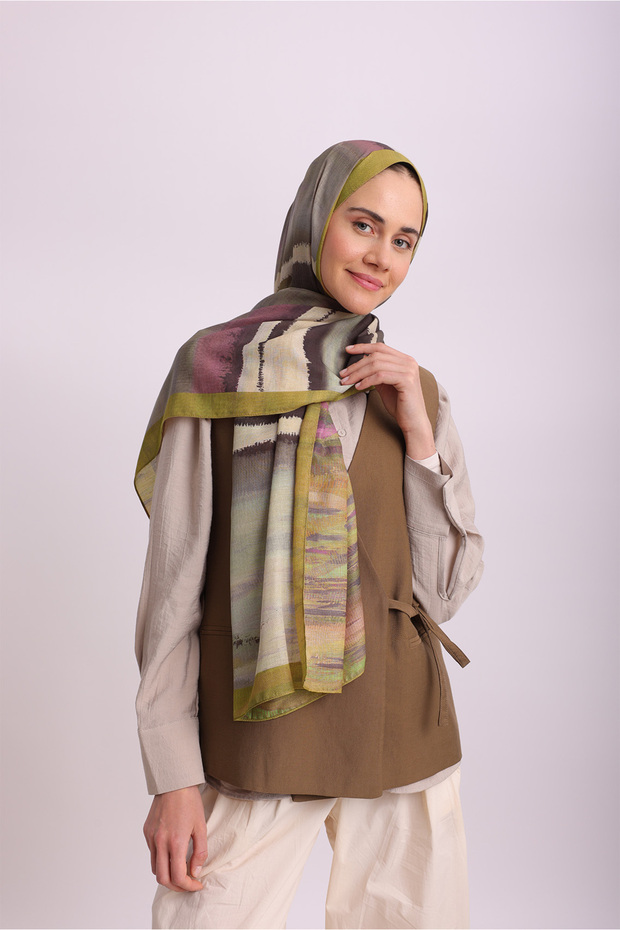 شال نيل ذو وجهين بنقشة ألوان مائية - أخضر زيتي وبني