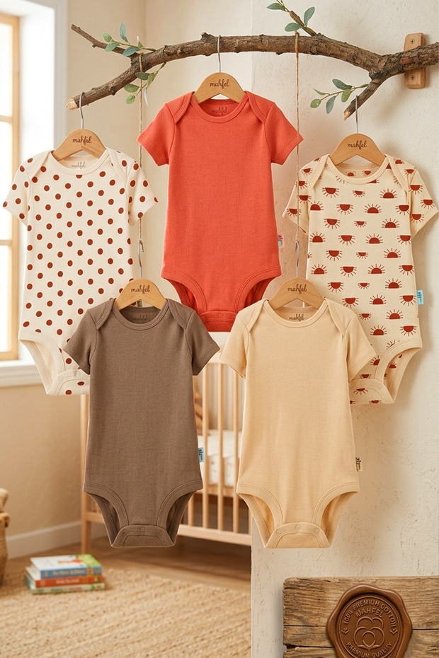 100% Organic Cotton Snap Fastener Short-Sleeved Baby Bodysuit 5-Pack