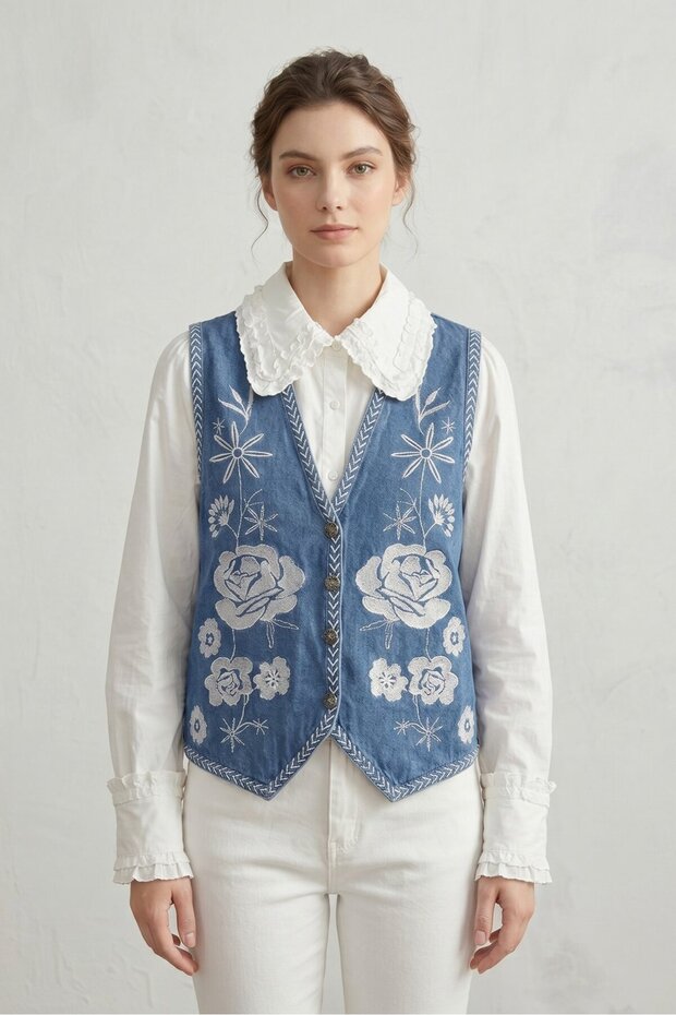 Blue Women's V-Neck Floral Embroidered Buttoned Denim Vest