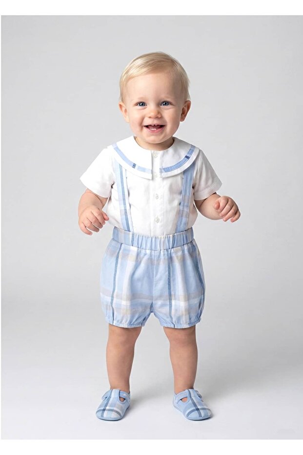 White Summer Baby Boy Shirt with Striped Collar