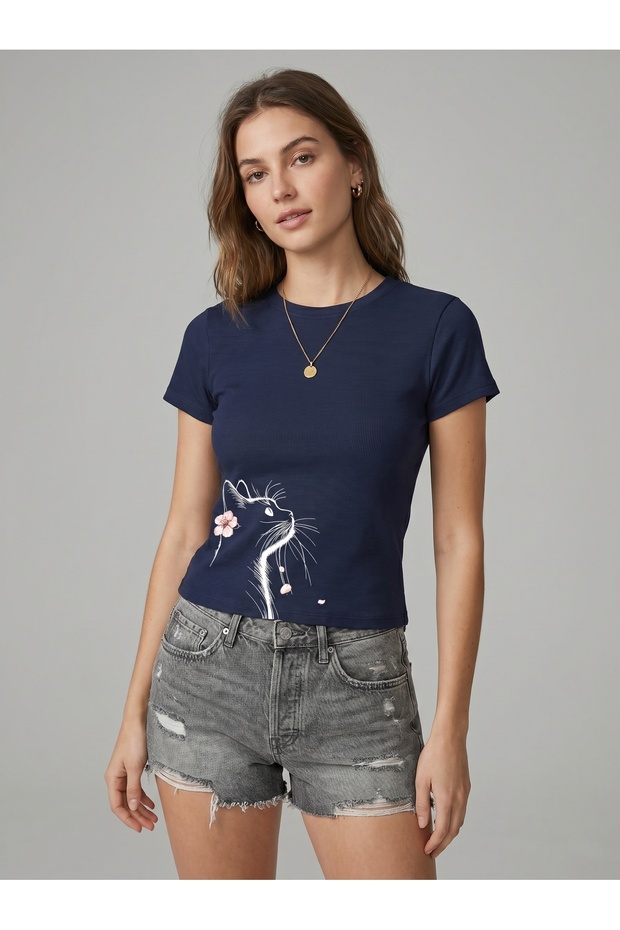 Women's Floral Cat Print - Lycra Short Sleeve Body Tee Crop