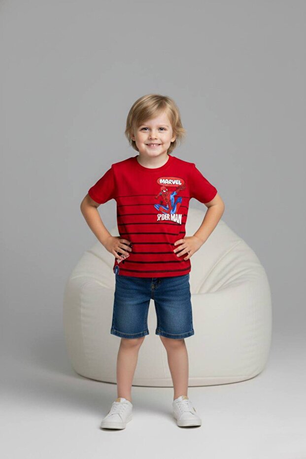 Pjkskt Spider Patterned Denim Shorts Boys' Short Sleeve Set 6661