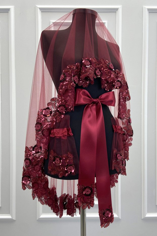 Burgundy Bridal Veil Set, Embellished with Sparkling Sequins and Crystal Glass Beads, Henna Night Veil 6 Pieces