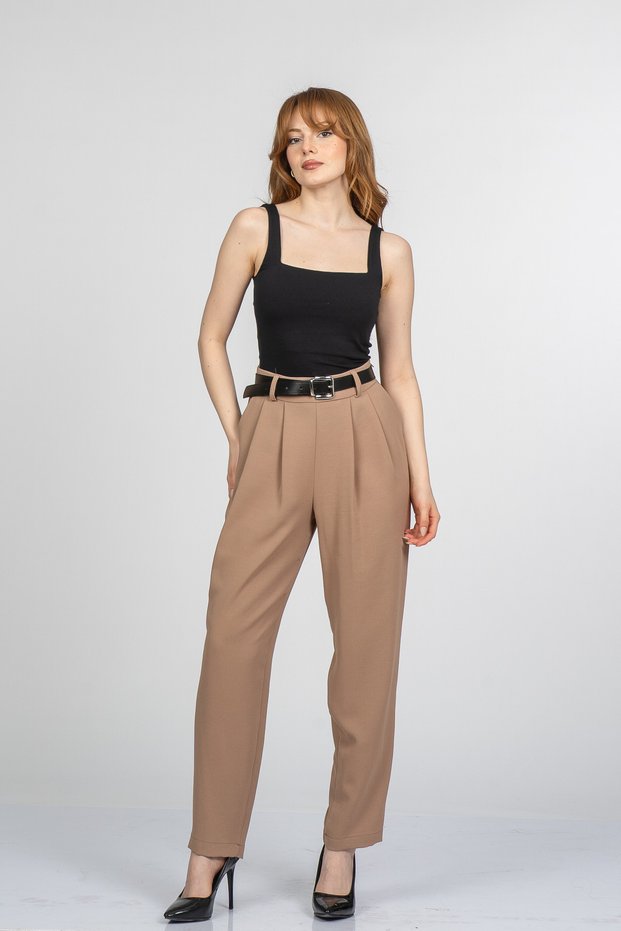 Women's Summer Camel Monsere Elastic Waist High Waist Narrow Leg Pants Stylish Daily Comfortable 30375