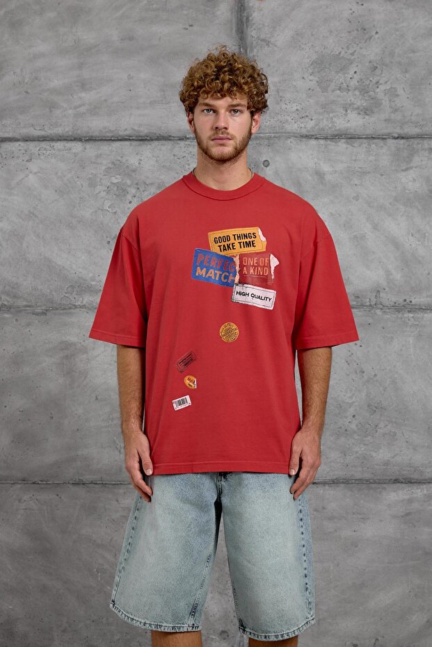 Men's T-Shirt Perfect Match Print Red Oversize Printed Crew Neck Cotton