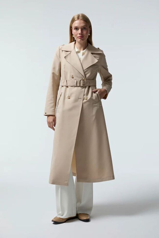 Double-Breasted Collar Belted Stone Trench Coat 14049