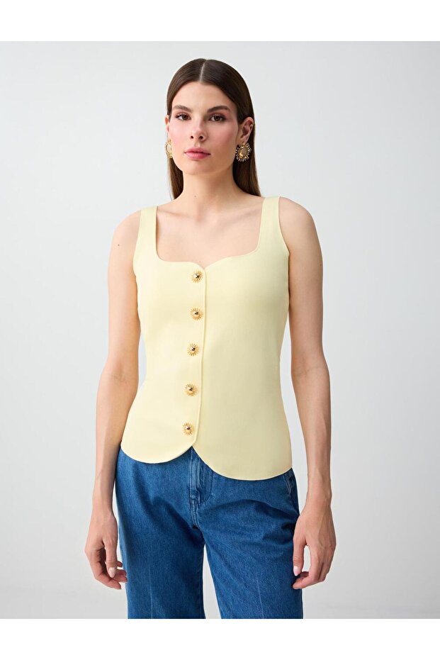 Yellow Slim Fit Button Detailed Knitted Vest