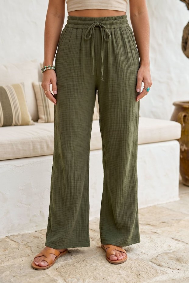 Khaki Pocketed Elastic and Tie-Waist Wide Leg Casual Muslin Woven Trousers 96 60