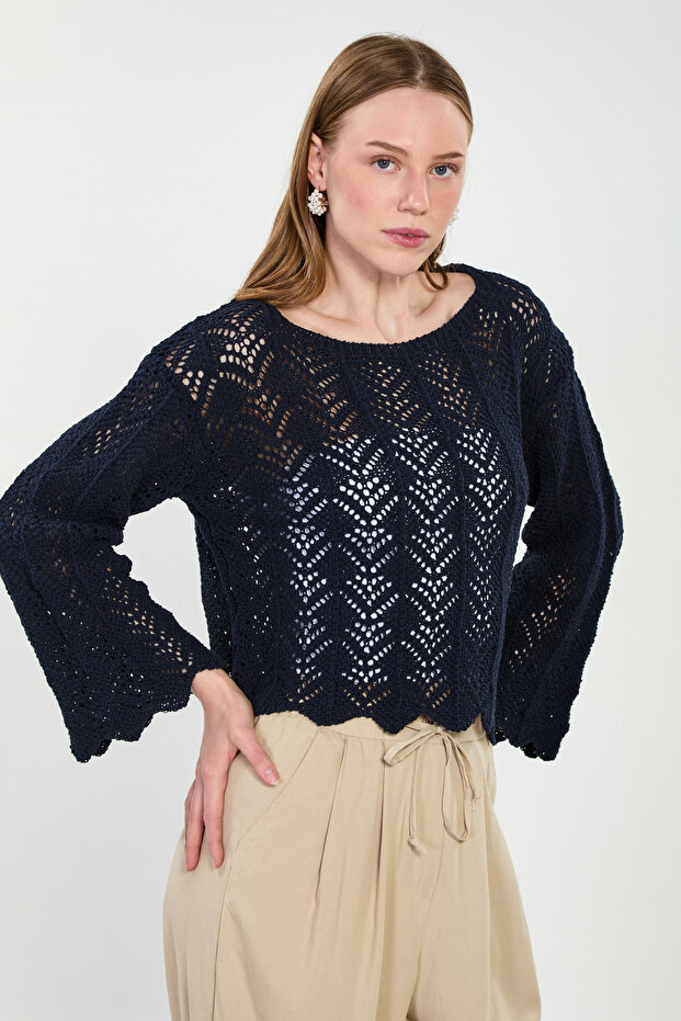 Women's Wide Sleeve Openwork Sweater - Navy Blue