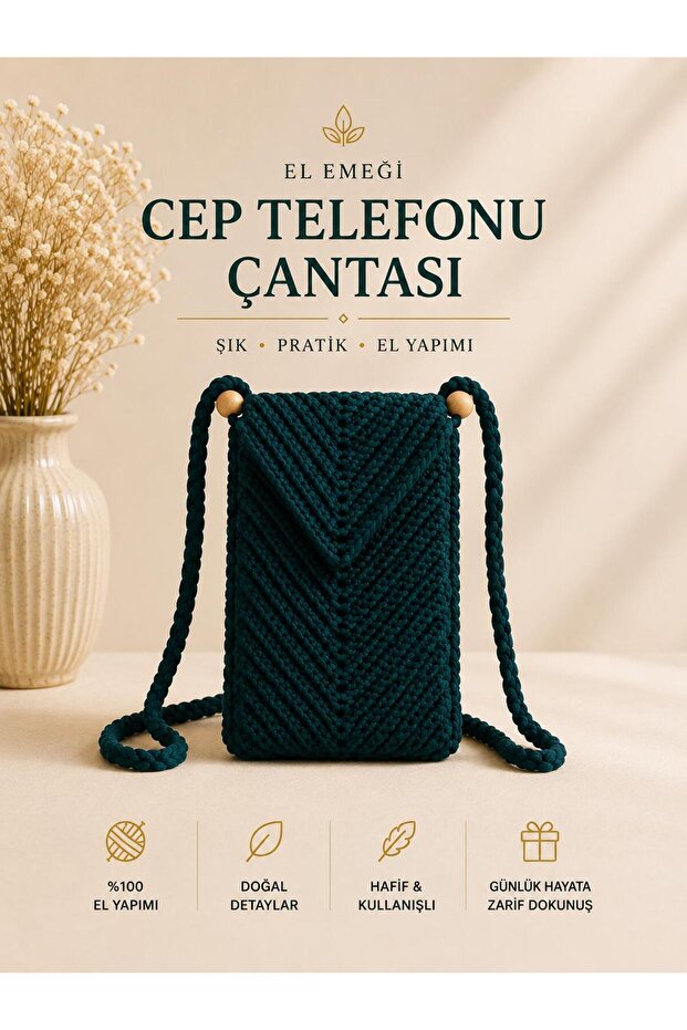 Hand Knitted Mobile Phone Bag Petrol Green Handmade Phone Bag with Strap Minimal Design
