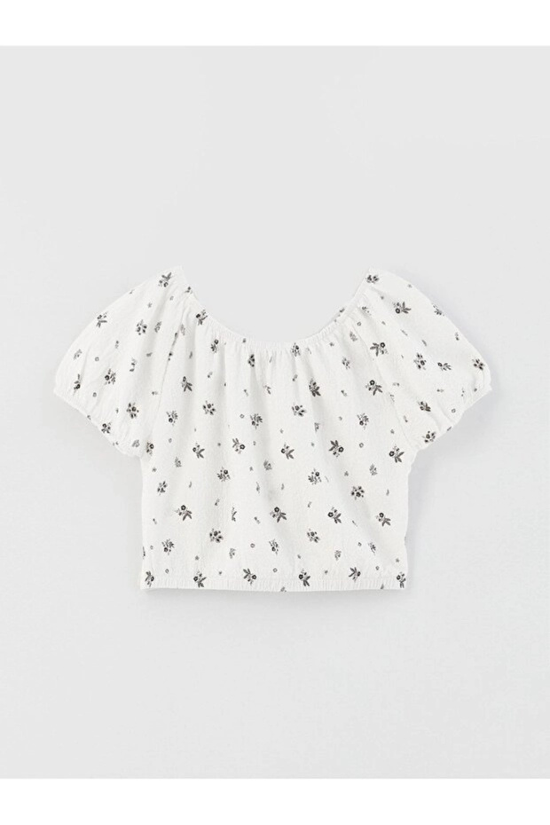 Girl's U-Neck Patterned Short Sleeve Blouse