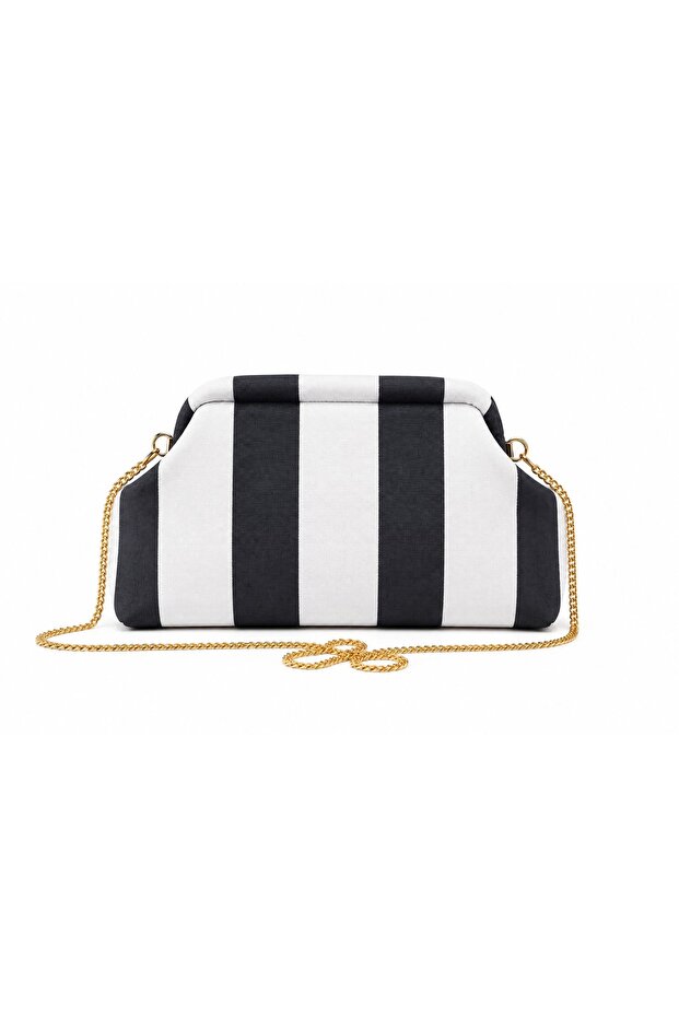 Dzynrhkn Polka Dot and Stripe Detailed Fabric Chain Strap Scholarship Bag