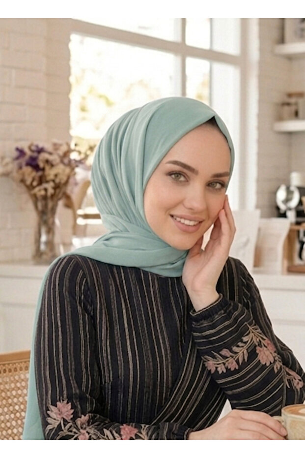 Practical Ready-To-Wear Hijab Shawl with Snap Fasteners, Water Green Color.