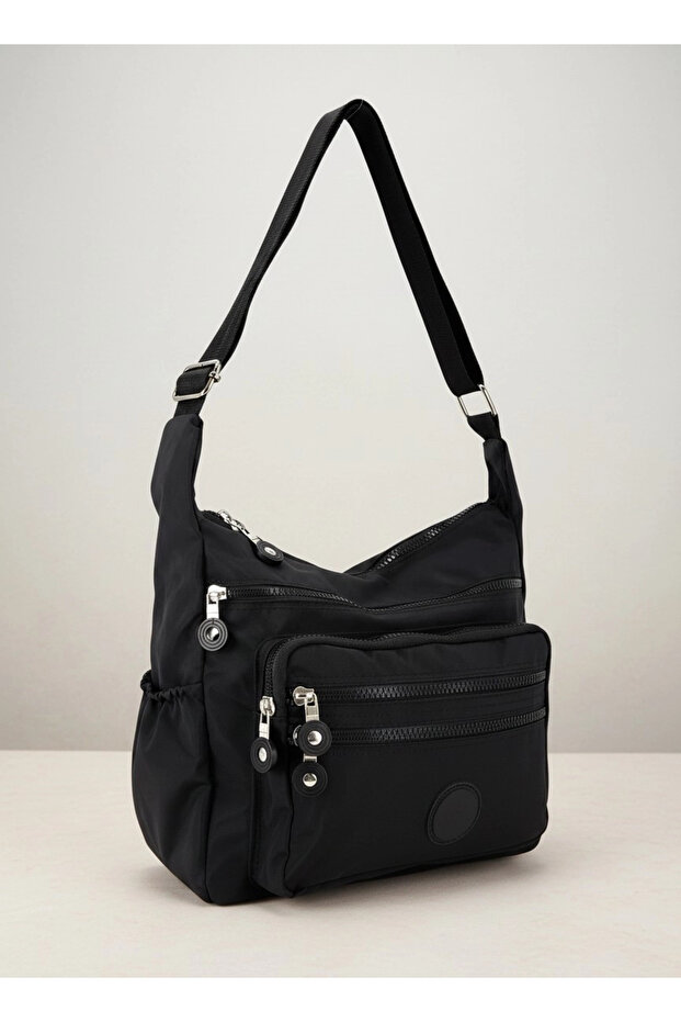 Women's Black Waterproof Crinkle Fabric 6-Compartment Shoulder Bag