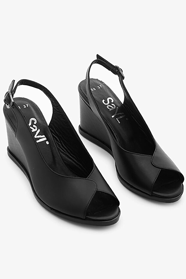Black Genuine Leather Women's Wedge Heeled Sandals
