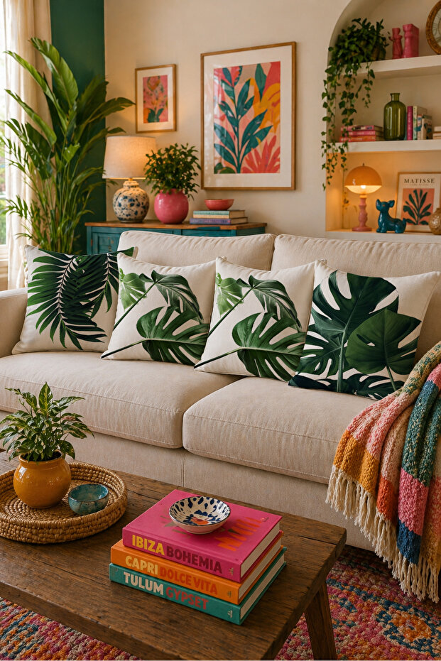 Tropical Leaf Patterned 4-Piece Cushion Cover Green Monstera Decorative Pillow Set 43X43 cm