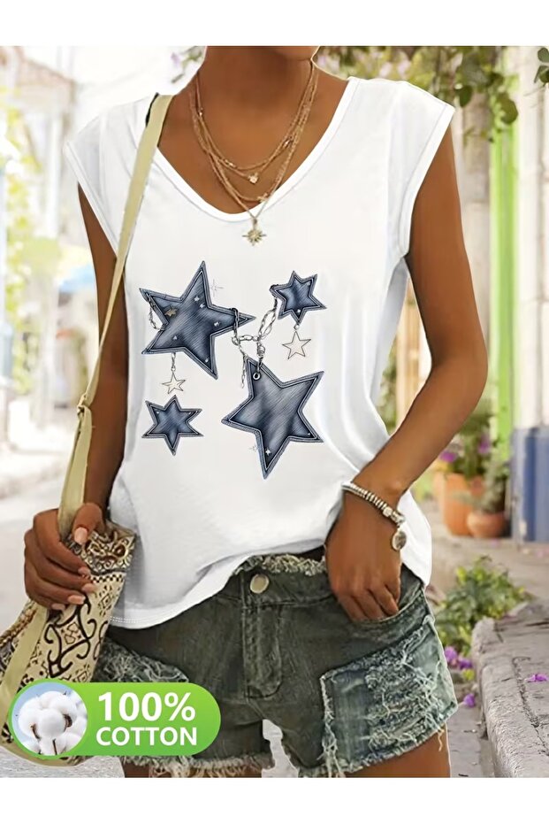 Women's Comfortable Fit V-Neck Tshirt Mixed Printed Tshirt