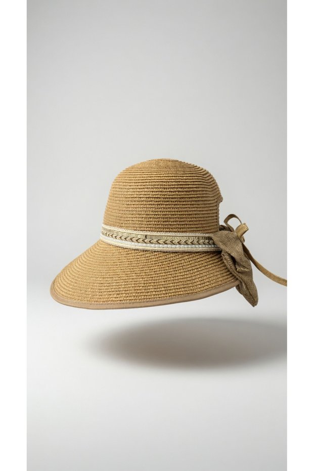 Women's Camel Ribbon Detailed Straw Sun Hat L Cloche Model Suitable for Daily and Beach Use