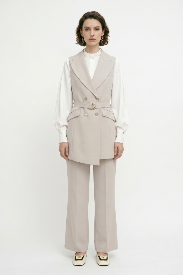 Double-Breasted Collar Belt Detailed Beige Suit 1669