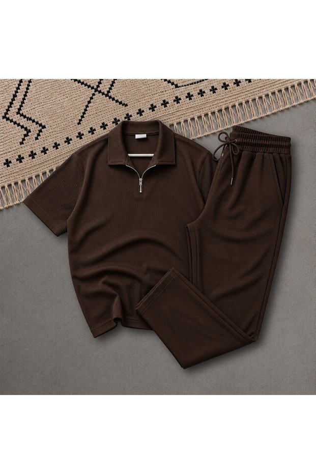 New Season Premium Fabric Ribbed Ottoman Summer Zippered T-Shirt and Sweatpants 2-Piece Set