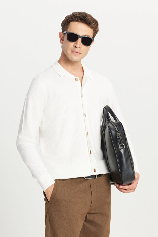 Men's Ecru Standard Fit Regular Cut Shirt Collar Jacquard Knitwear Cardigan