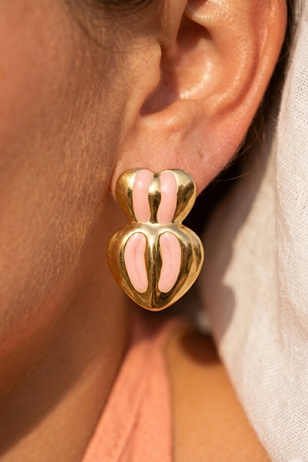 Gold Striped Pink Enamel 2-Piece Heart Steel Earrings