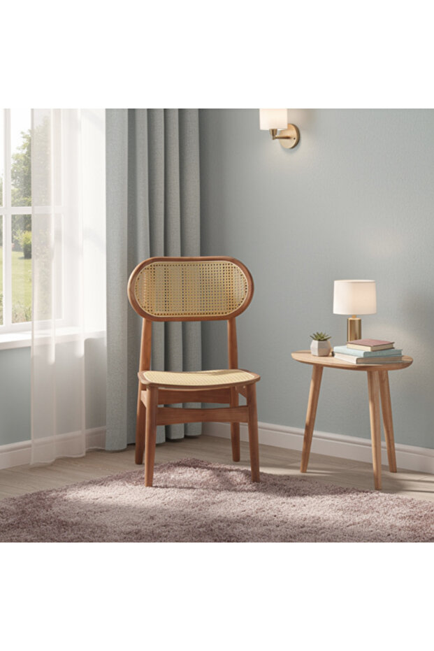 Light Brown Dining Chair with Rattan Back