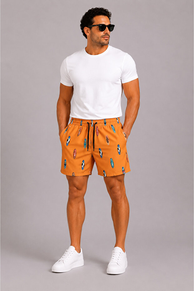 Men's Orange Surf Patterned Sea and Beach Shorts
