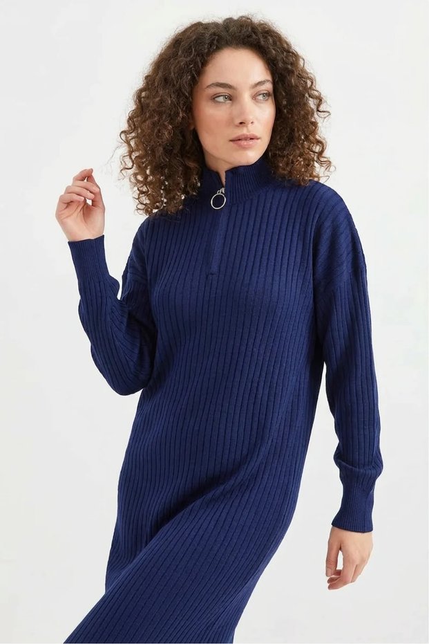 Women's High Collar Zipper Detailed Ribbed Fabric Knitwear Navy Blue Dress
