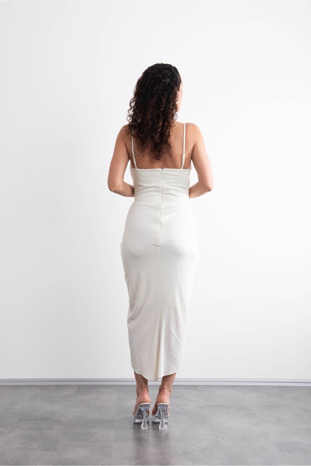 Strappy Collar, Sparkling, Brooch Detailed, Slit, Stylish Evening Dress