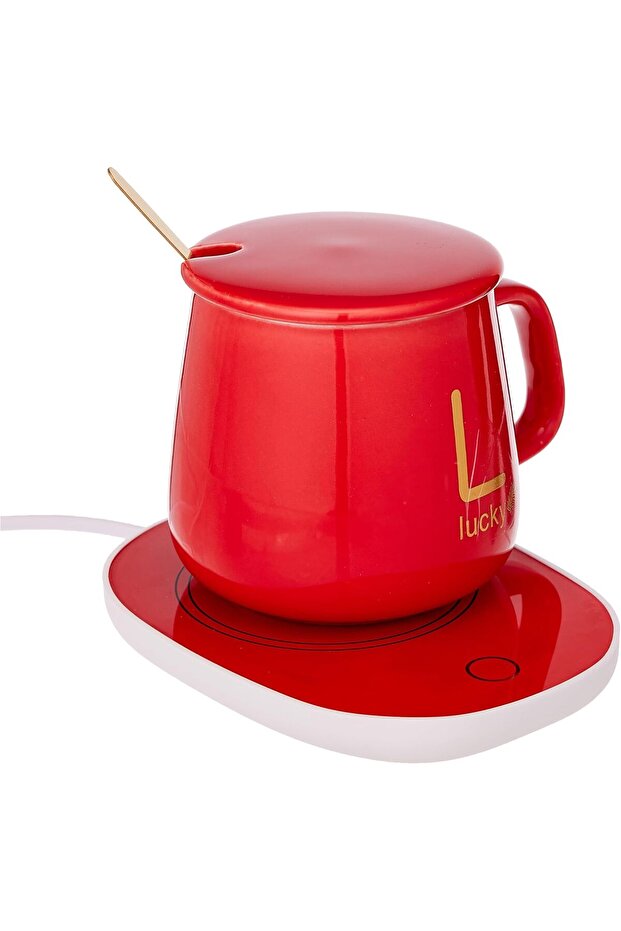 Coffee Mug Warmer for Desk, Coffee Cup Warmer Electric Beverage for Keeping Coffee Tea Water Milk Warm, Cup and Spoon (RED)