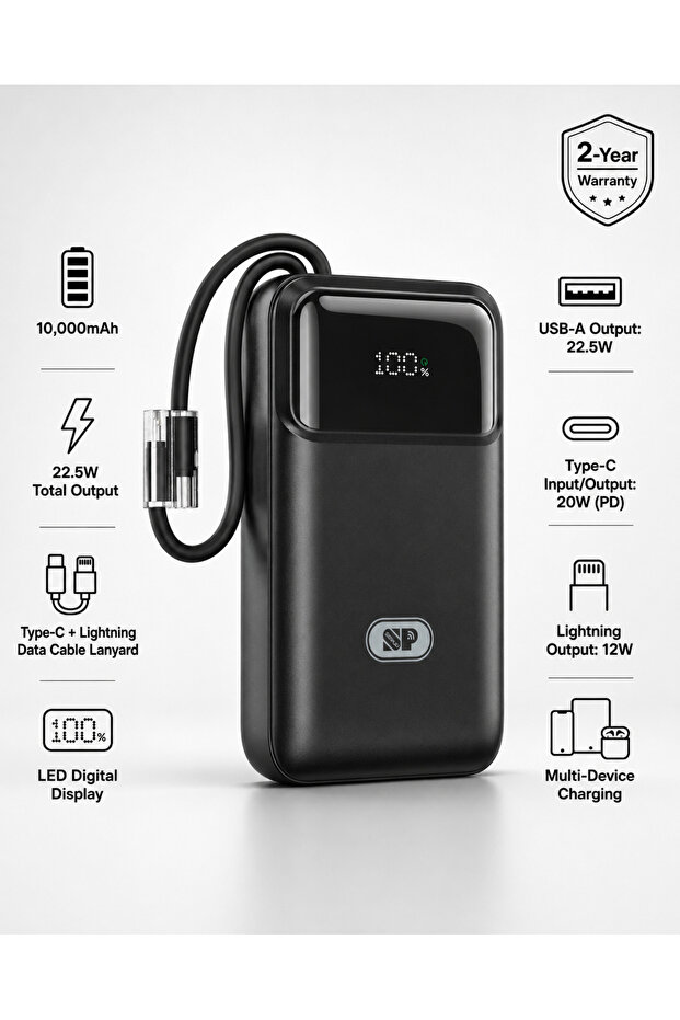 باور بانك SP10000 بسعة 10000mAh مع كيبل Type-C + Lightning مدمج وشحن سريع