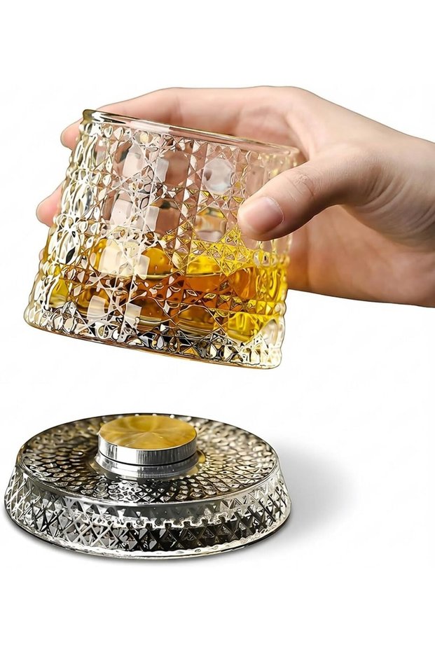 Rotating Whiskey Glass with Base for 360-Degree Rotation 9 Oz Old Fashioned Spinning Whiskey Glasses for Scotch Cocktail Rum Cognac Vodka Liquor, Unique Gifts for Men [Pack Of 2]