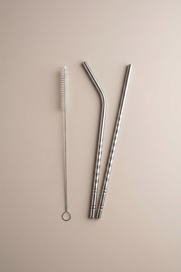 Stainless Steel Straw Set of 3 – 2 Metal Straws (21.5 cm) + Cleaning Brush |   Reusable Steel Straw