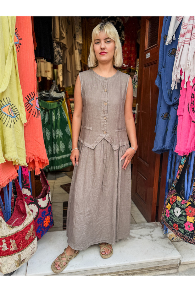 Gray Color Vest Italian Linen Dress