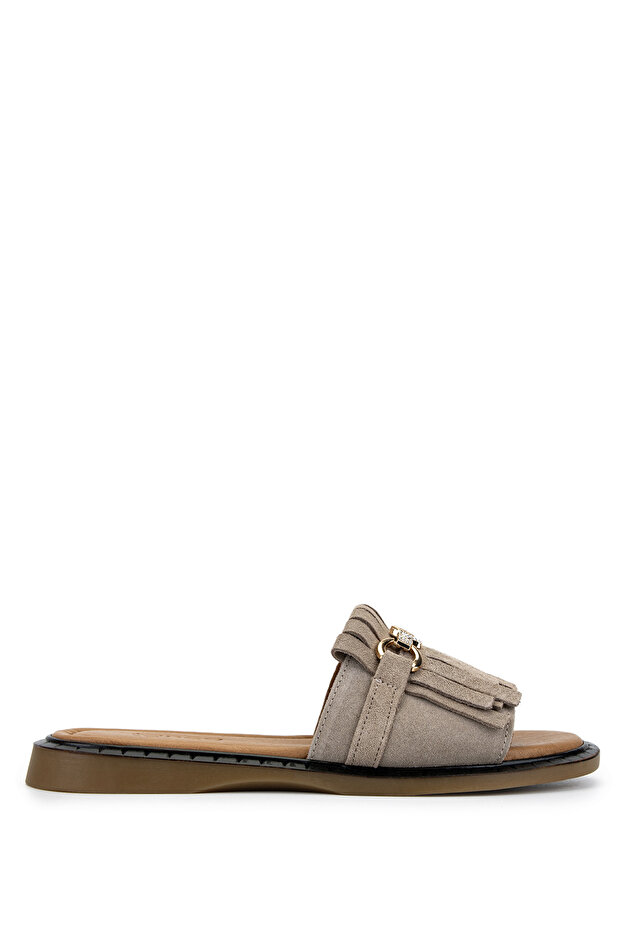 Women's Genuine Leather Beige Suede Flat Slippers