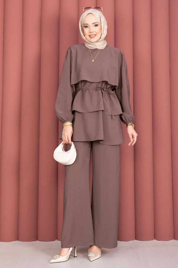 Layered Lace Detailed Double Hijab Set Brown
