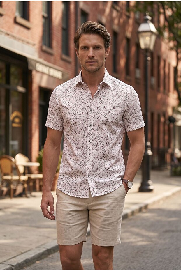 Red Geometric and Minimal Patterned Short Sleeve Men's Shirt on a White Background