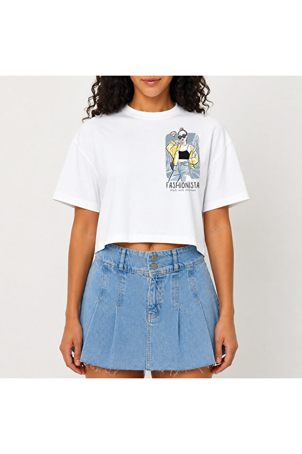 Crop T-Shirt White Printed Relaxed Fit Raw Cut Basic Short Tshirt