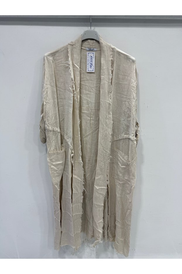 Women's Beige Italian Cut-Off Sleeves with Pockets Oversize Long Linen Kaftan 40 - 48 Size