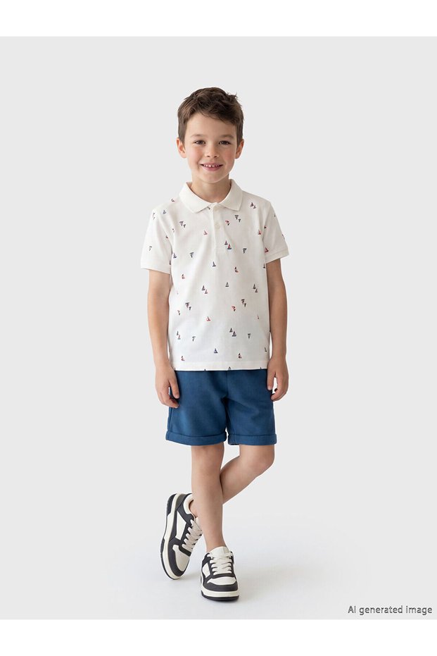 Beige Polo Collar Boys' T-Shirt and Shorts Set